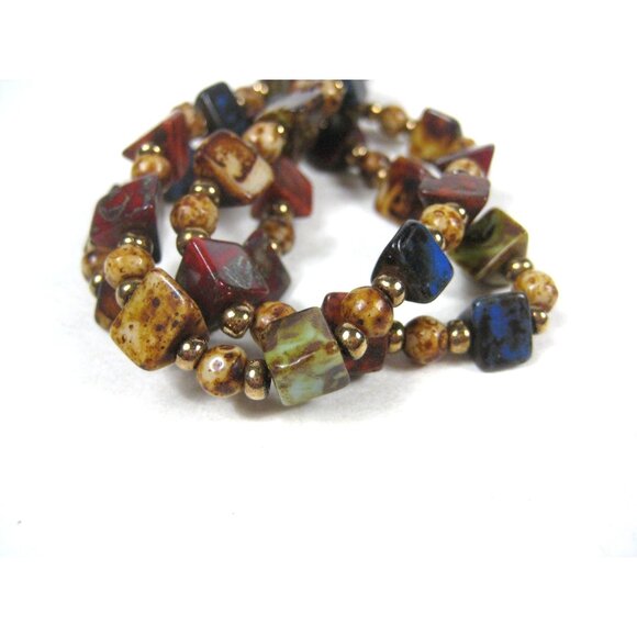 Scottish Speckle Glass Beaded Necklace 18 In Beads FAUX Agate Goldtone - Picture 4 of 9